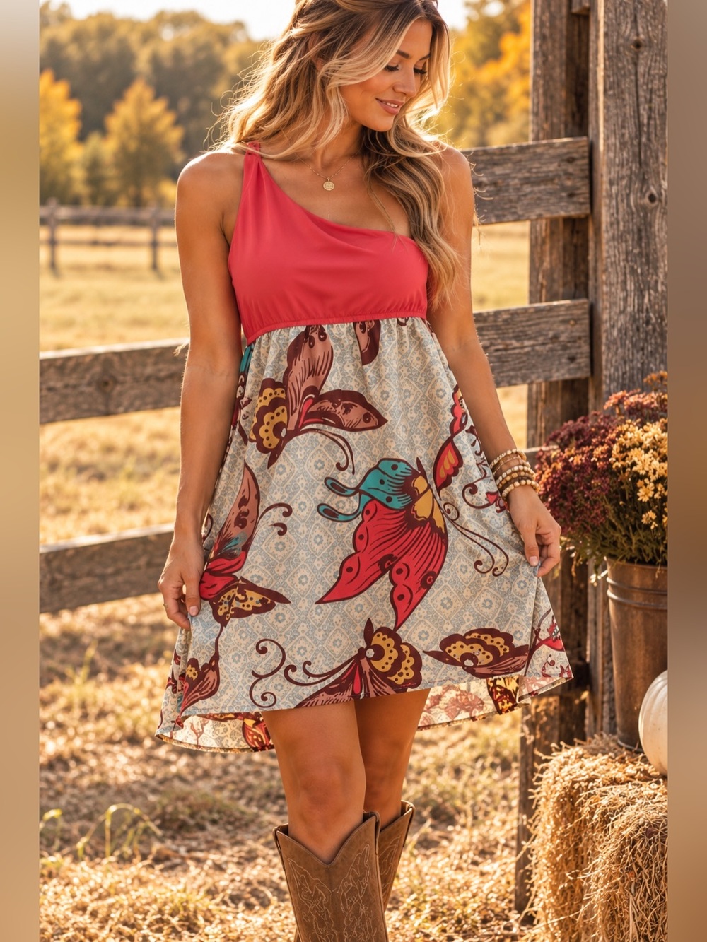 Déjà Vu One Shoulder Butterfly Floral Dress Large Boho Romantic Western NWT